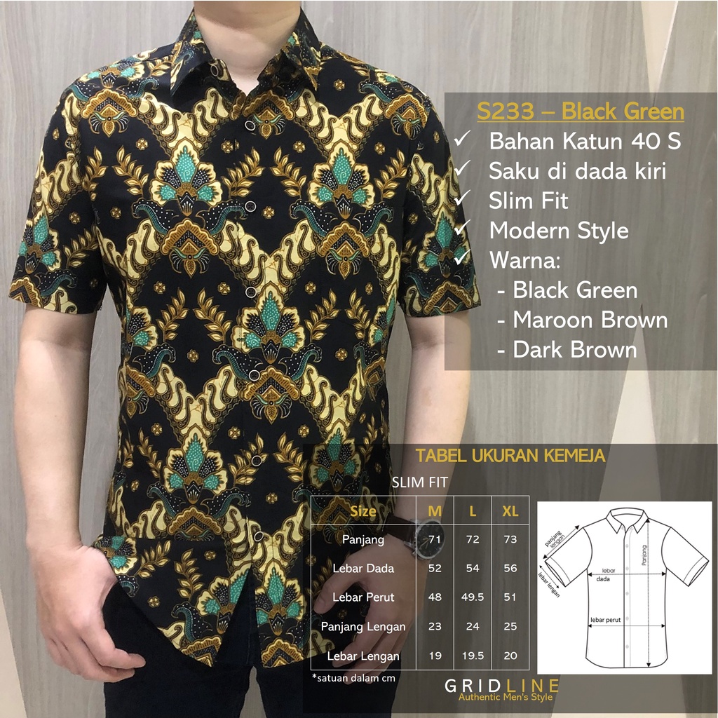 [GRIDLINE - S233 S234] Kemeja Batik Pria Katun Lengan Pendek Slimfit Modern Casual Simpel Elegan