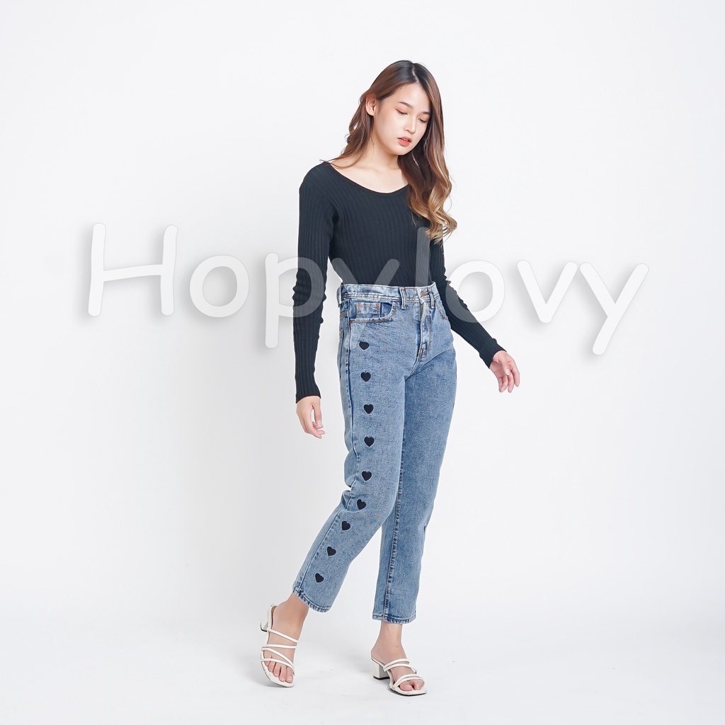 HOPYLOVY Celana Boyfriend Jeans Wanita Loose Jeans Bordir Love Avanti