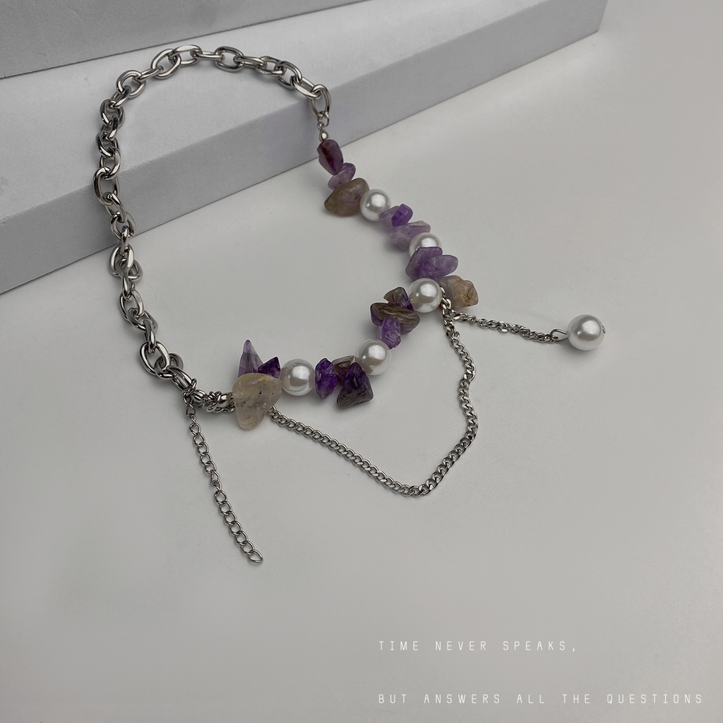 Purple Gravel Stitching Pearl Necklace Accessories Retro Personality Clavicle Chain