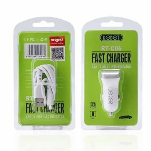 CAR Charger ROBOT RT-C06 RT-C07 RTC07 2,4a charging mobil with cable kabel WHITE PUTIH