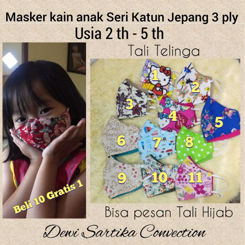 Masker kain anak Seri katun Jepang 3 ply