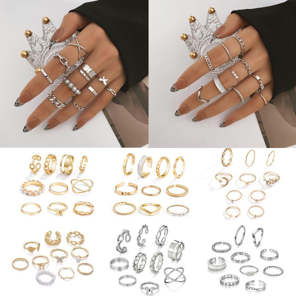 Preva 10 Pcs Cincin set Perhiasan Pernikahan Vintage Berongga Geometris Salib Terbuka Jari Buku Jari