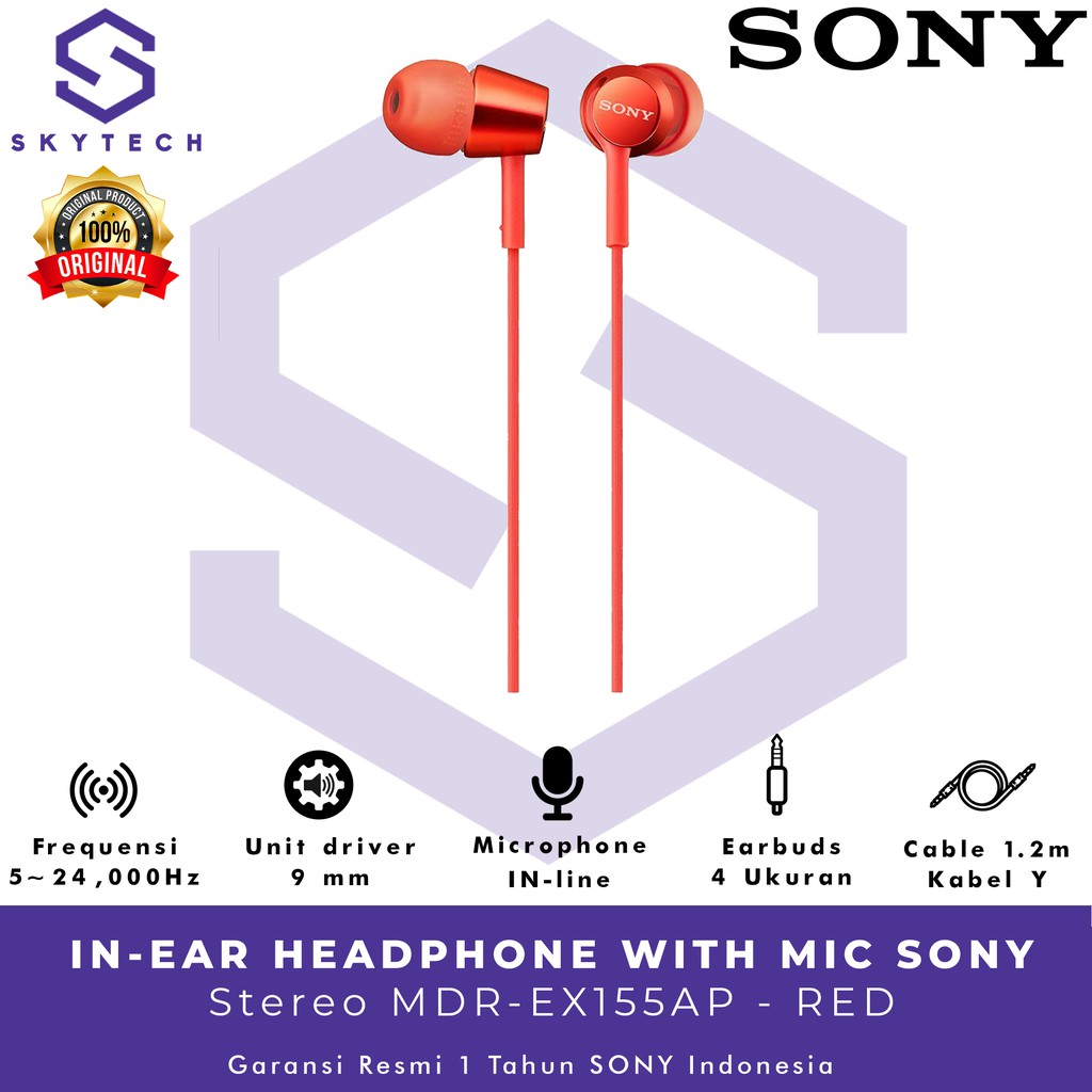 EARPHONE SONY MDR EX155AP RED ORIGINAL GARANSI RESMI