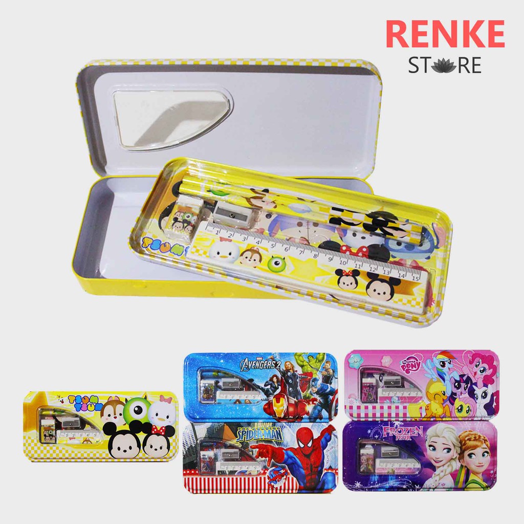 

Kotak Pensil Kaleng + Alat Tulis Karakter Anak - Study Stationery Set Pony Frozen Avengers Spiderman