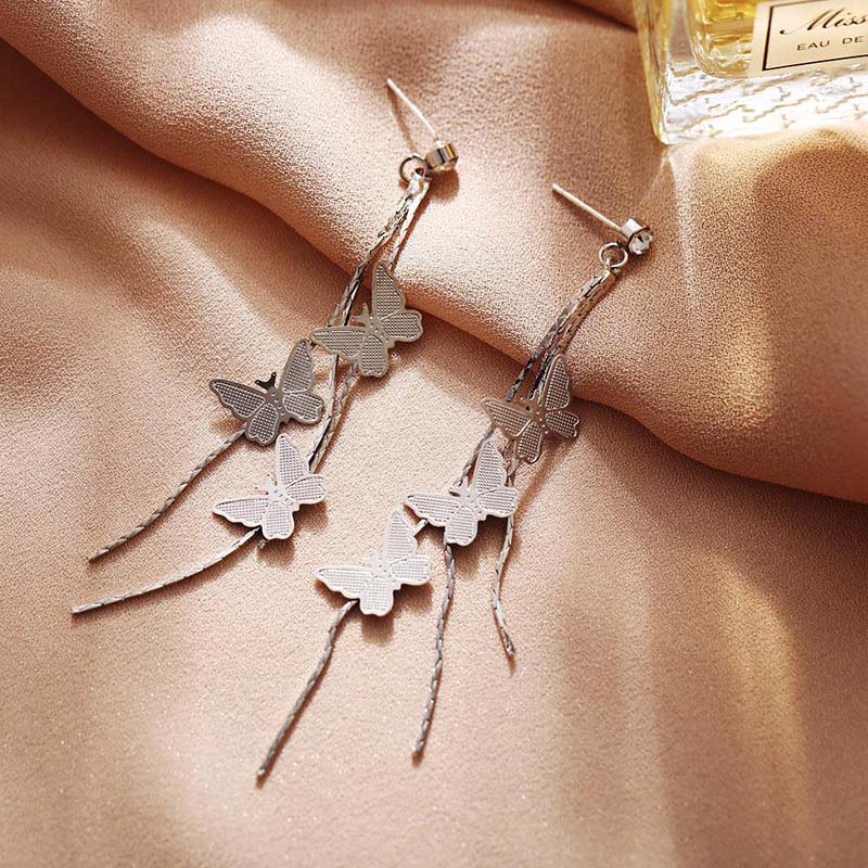 Anting Rumbai Panjang Desain Butterfly Bahan 925 Silver Needle Gaya Korea Untuk Perempuan
