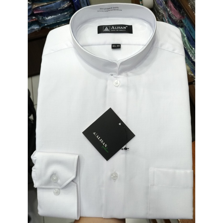 Kemeja Pria Koko Alisan Panjang Kerah Shanghai Putih Dobby Milard