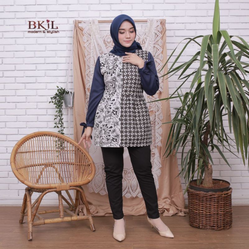 BLOUSE BATIK BAJU WANITA BATIK KANTOR LENGAN PANJANG motif lengan pita navii