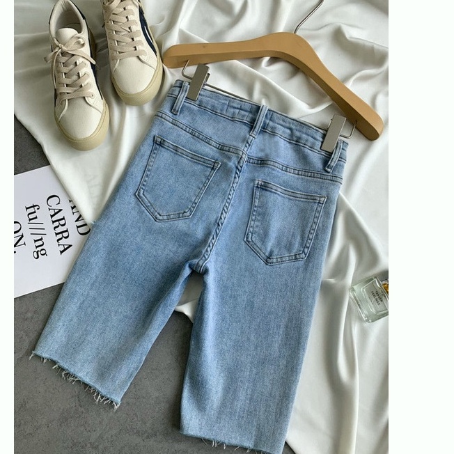 【Cewek_id】CELANA BIKER JEANS PENDEK WANITA  STRETCH SHORTS 3/4 SOBEK KOREAN STYLE RIPPED PANTS