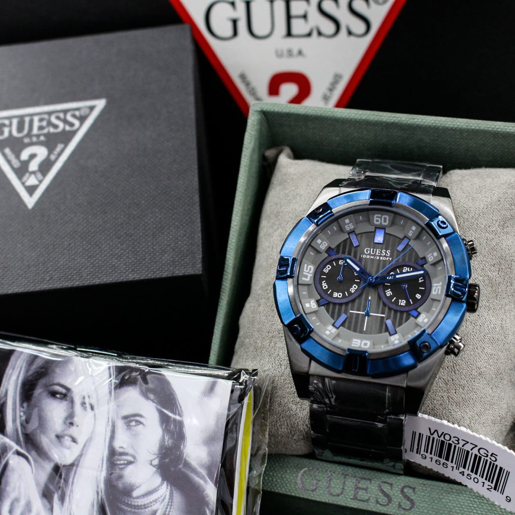 d=44mm, jam tangan pria Guess W0377G5 Original , all stainless steel, chronograph stopwatch