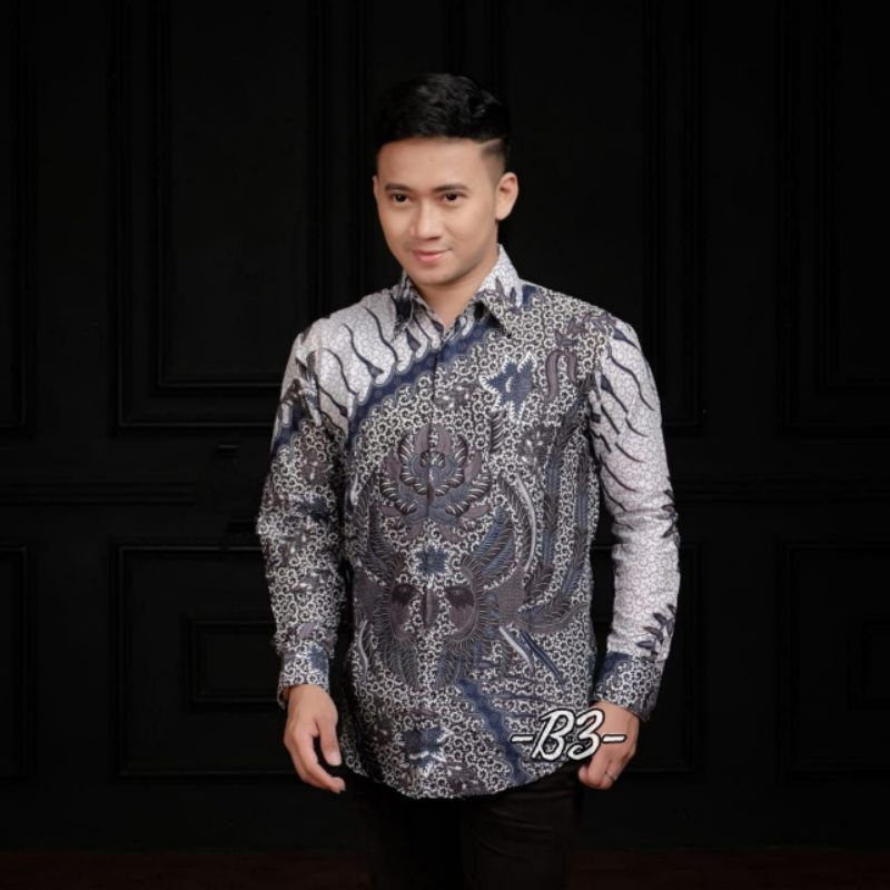 Batik Pria Lengan Panjang WIJOYO BATIK HRB026 motif KERATONAN Kode 002 Reguler Fit Seragam Kantor-Slempang Silver
