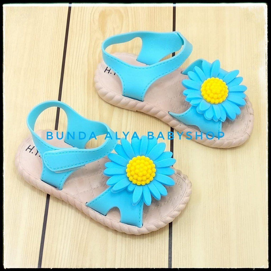 Sendal Anak Perempuan IMPORT Usia 2 3 4 Tahun BIRU Elastis Motif Bunga - Sepatu Sandal Anak Cewek Lentur Bunga Kuning Alas Karet Anti Licin