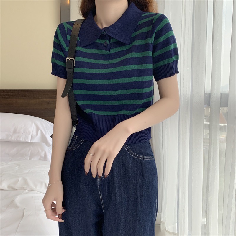 IRENE atasan polo korea rajut garis striped retro casual