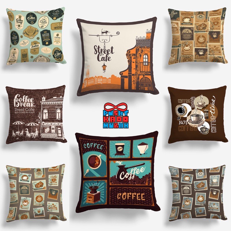 Bantal Sofa Print Motif Tema Coffee Kopi Cafe Rumah Kopi Kafe 40x40 cm - Pusat Kado Murah