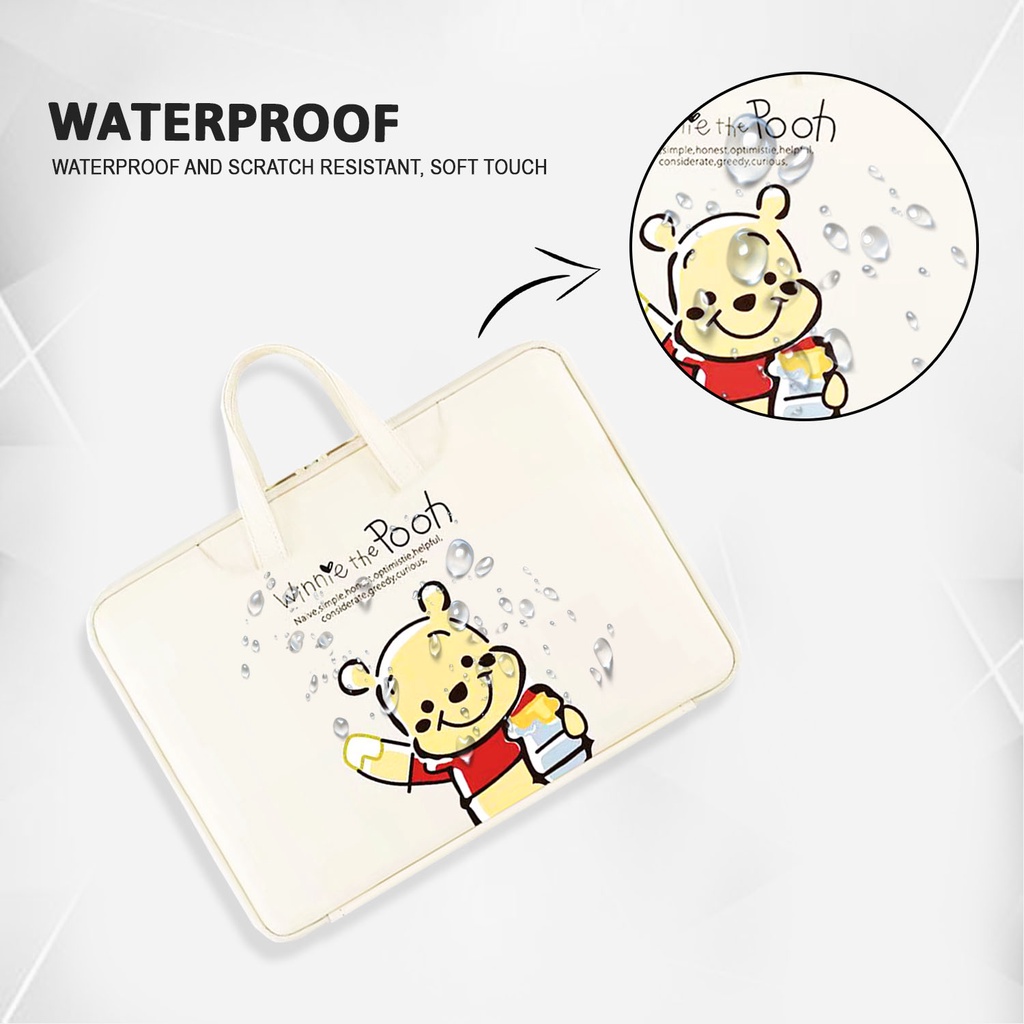 Sleeve Pouch Sarung Tas Bag Case Ipad Tab Tablet Macbook Air Pro Laptop Asus Acer Lenovo HP Huawei 11 12 13 14 15 inch Motif Gambar Kartun Pooh Cartoon Warna Putih White Brown Cokelat Cute Murah Korean Model Jinjing Tali Strap Waterproof Tahan Air