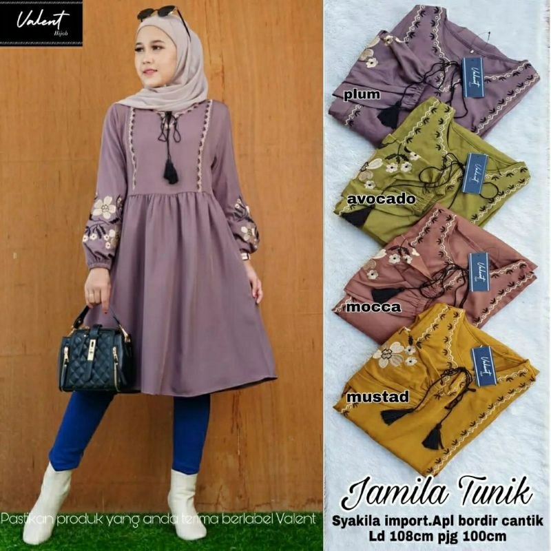 Jamila Tunik, TUNIK WANITA MUSLIM CANTIK MODIS FIT XL LD 106 BAHAN SYAKILA IMPORT MIX BORDIR OOTD