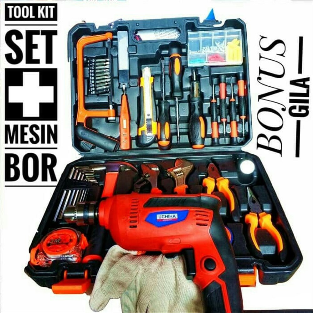 Toolkit 102 PCS Bonus Mesin Bor 10MM Original Uchiha Berkualitas