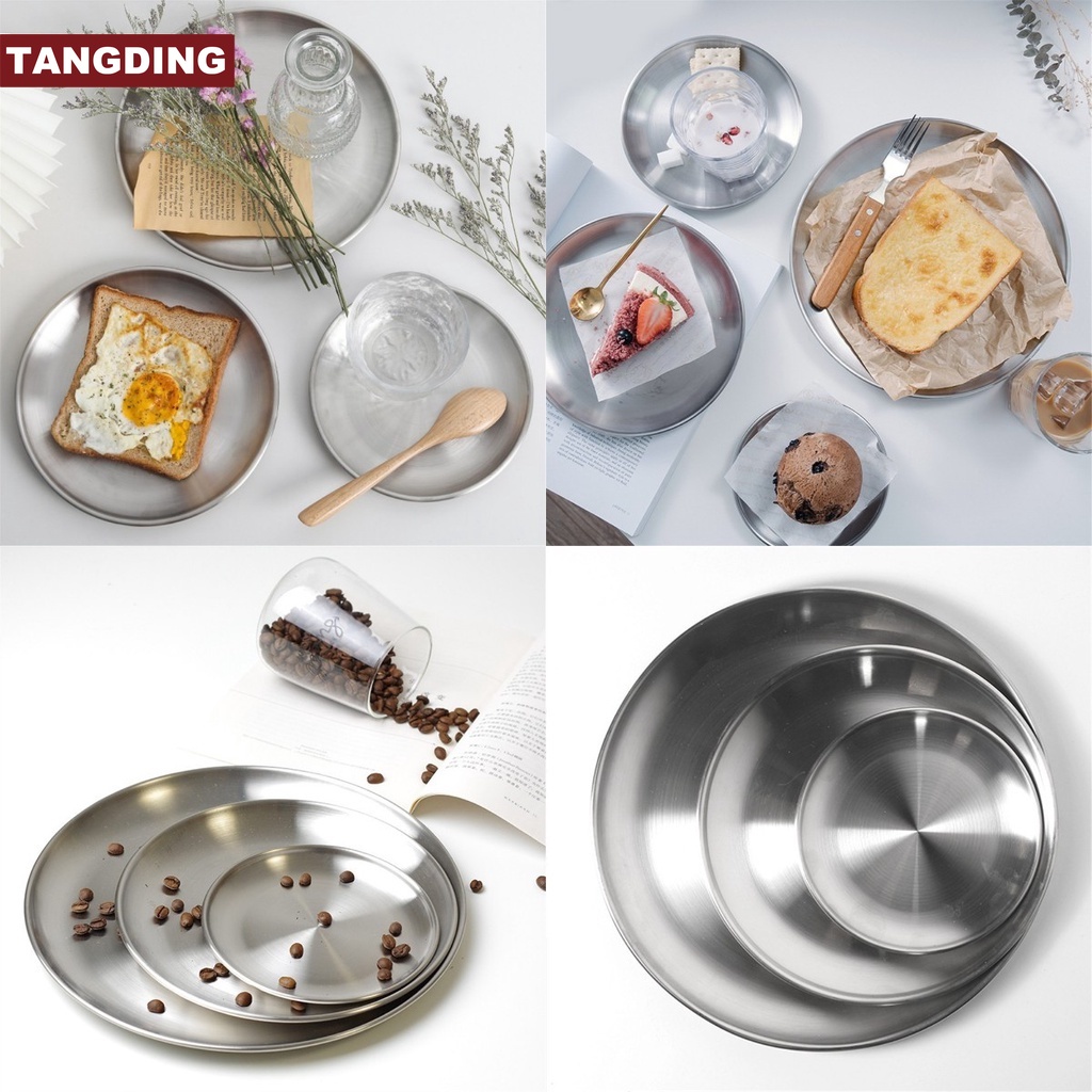 【COD Tangding】Korean Stainless Steel Gold Disc Cake Plate Fruit Plate Flat Bottom Plate Western Plate Barbecue Plate Bone