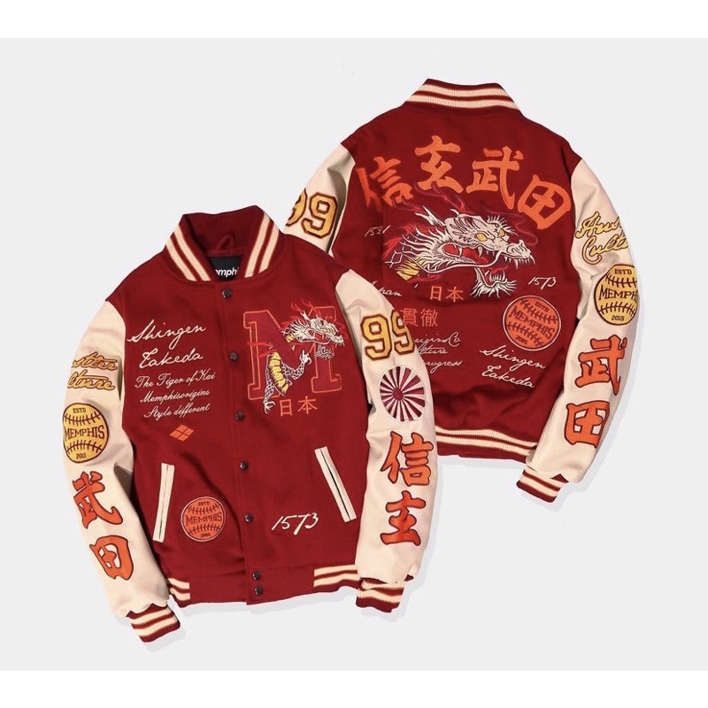 Jaket Baseball Varsity - Jaket Varsity Baseball Pria Wanita Kamikaze Jepang Fullprint-Varsity Merah
