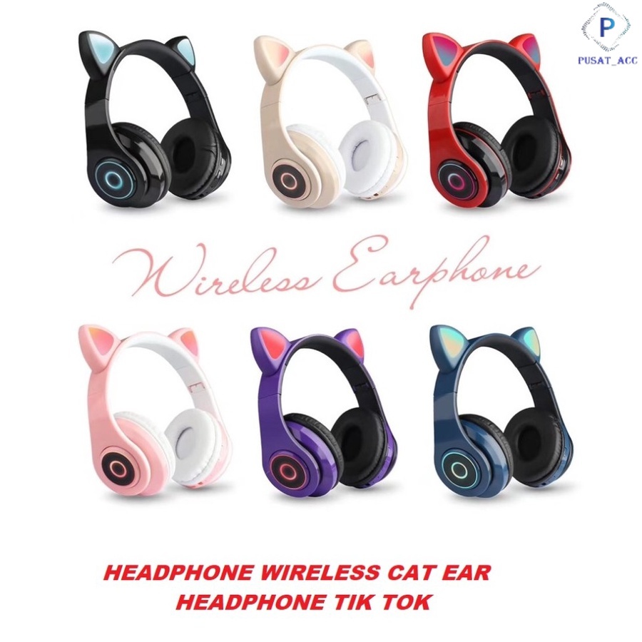 B39- Headset Gaming Bluetooth Kucing Cat Ear Headphone Wireless Stereo