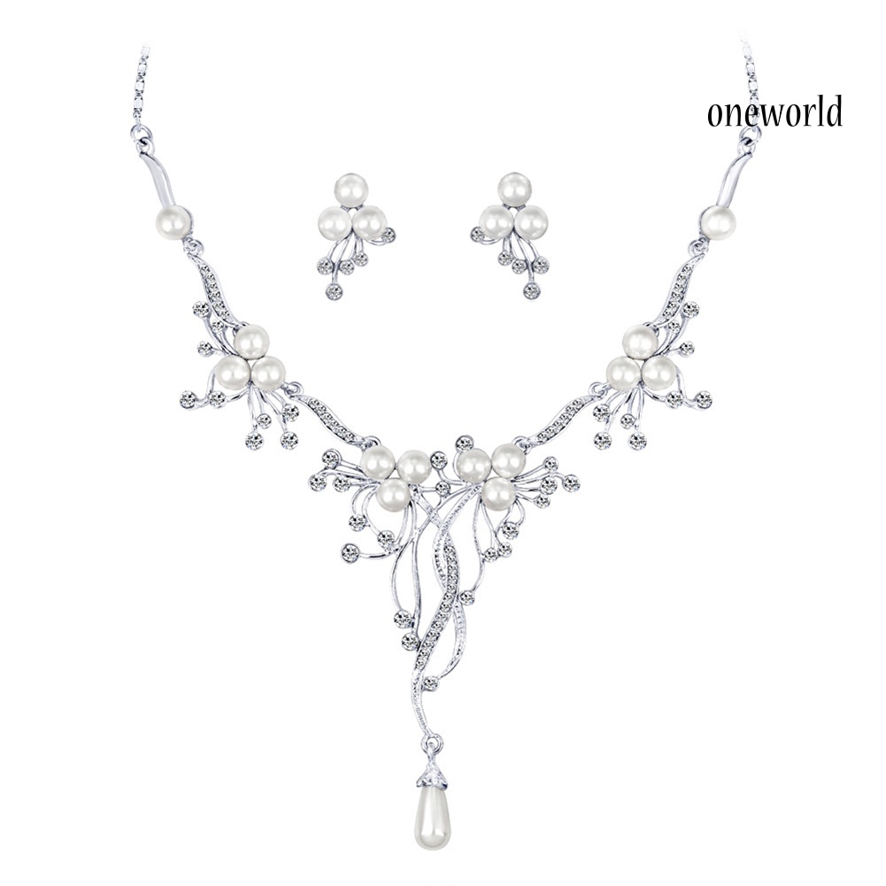 OW@ Rhinestone Faux Pearl Flower Necklace Earrings Women Wedding Jewelry Set