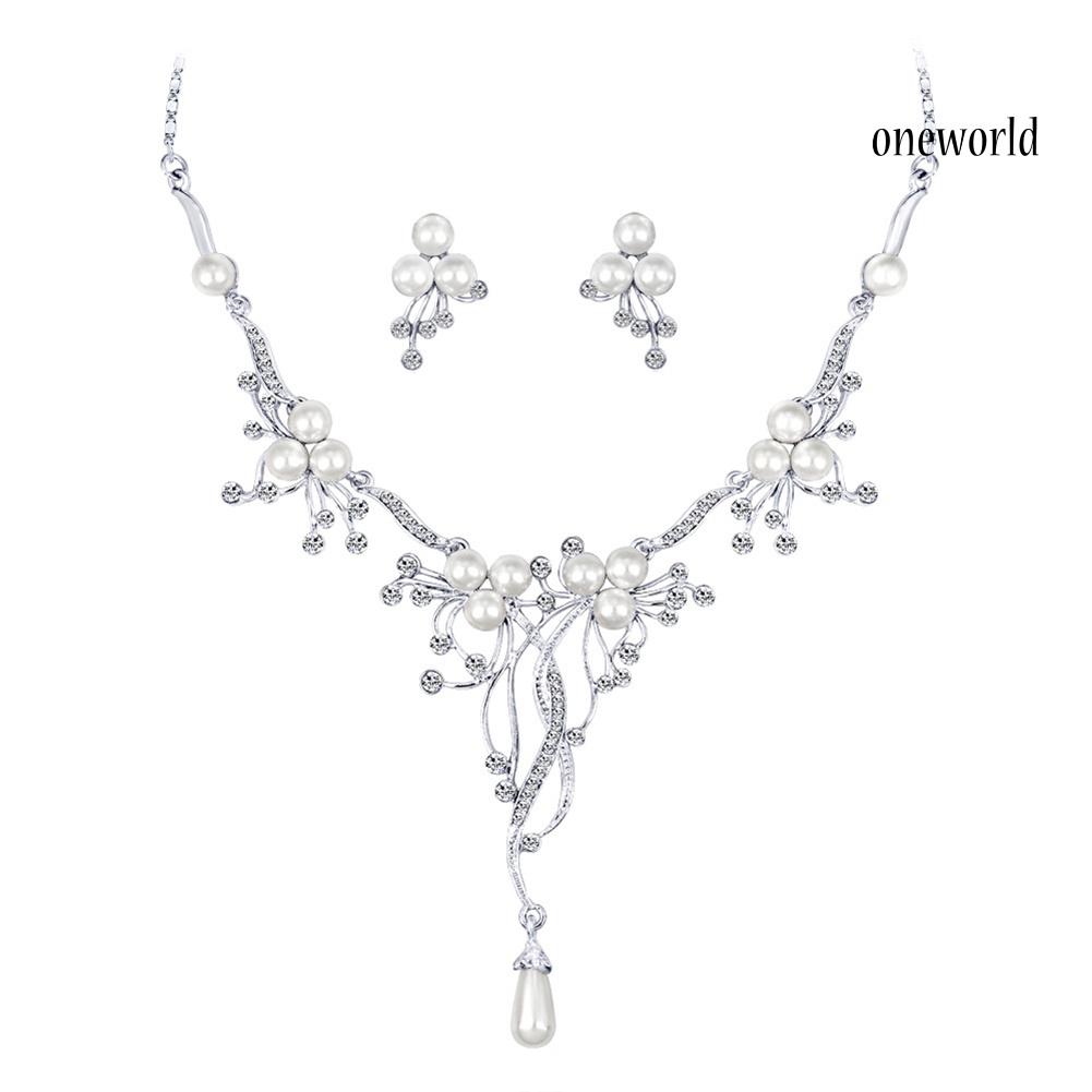 OW@ Rhinestone Faux Pearl Flower Necklace Earrings Women Wedding Jewelry Set