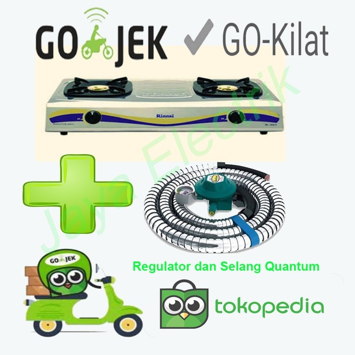 Kompor Gas Rinnai RI522E + Selang Gas 1.8 meter + Regulator Meter merk Quantum. SNI
