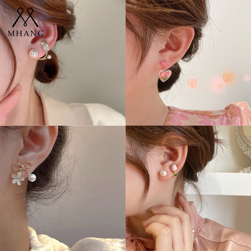 Anting Stud S925 Silver Needle Bentuk Tulip Warna Pink Aksen Mutiara Gaya Korea Untuk Wanita