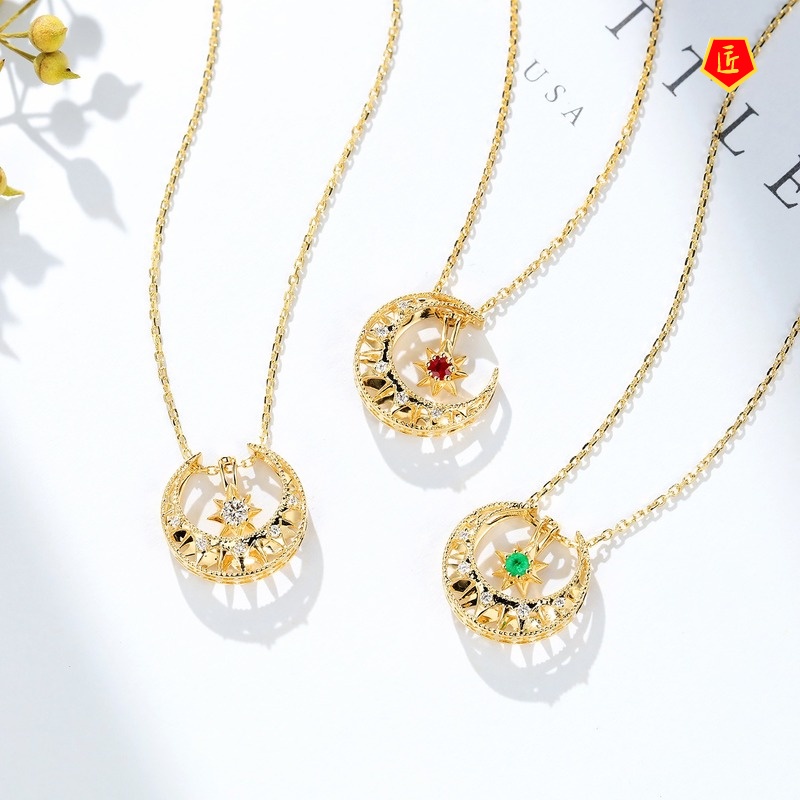 [Ready Stock]18K Golden Moon Necklace Inlaid Ruby Gold Pendant Women's Detachable Multi-Purpose