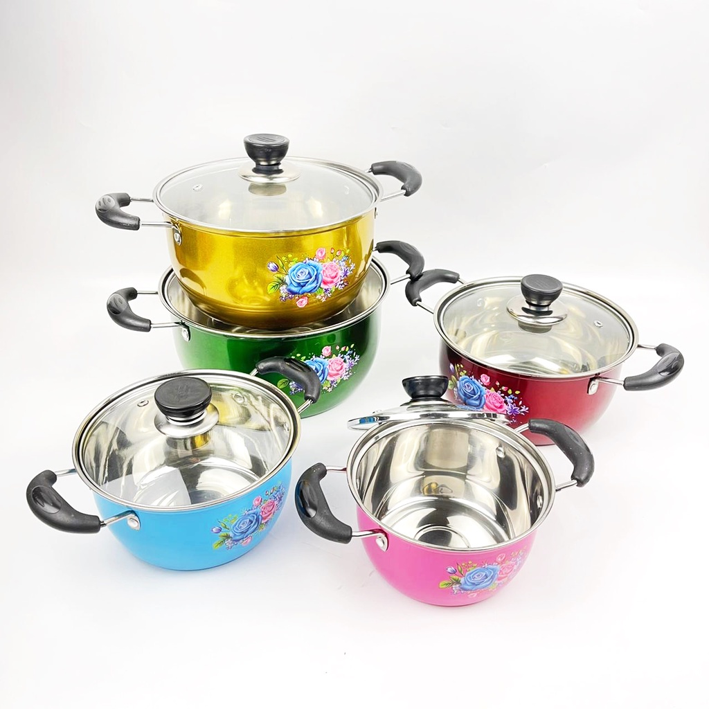 Horeca Mall - 1 Set 5 Panci Dengan Tutup Kaca Soup Pot Masak Kuah Milk Pan Stainless Steel Motif Bun