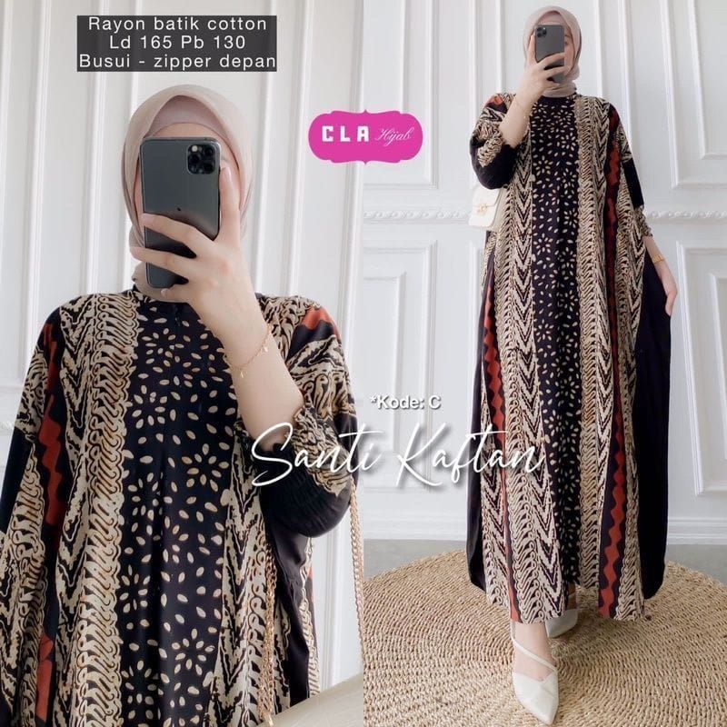 Batik A W - Kaftan Cap Encim Motif Sogan Super Jumbo LD 150 Black Color Busui Resleting Lengan 7/8 Gamis Rayon Kaftan Jumbo