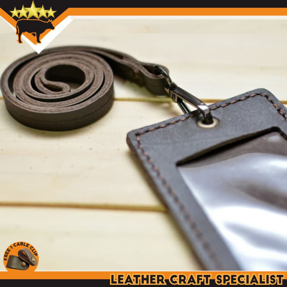 

ID CARD KULIT ASLI, NAME TAG CARD HOLDER LEATHER GOODS DARK BROWN PROMO FREE CABLE CLIP