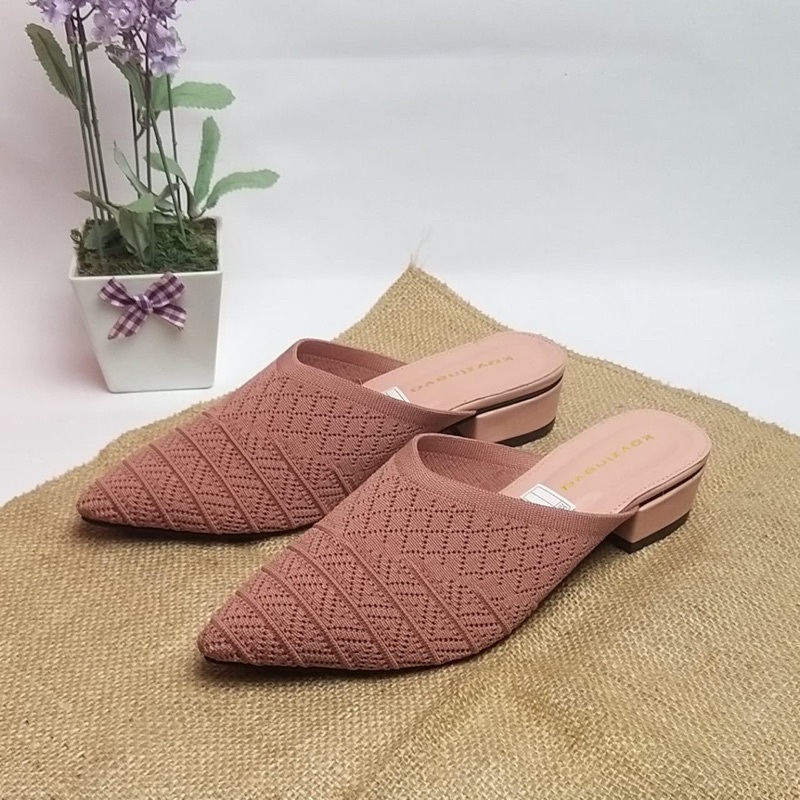 Kayzineva Sepatu Wanita Slip On Mules Rajut Import Hak 3cm