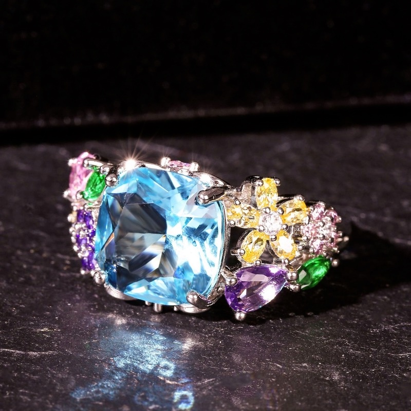 Fashion Inlaid Colorful Gemstone Square Princess Ring