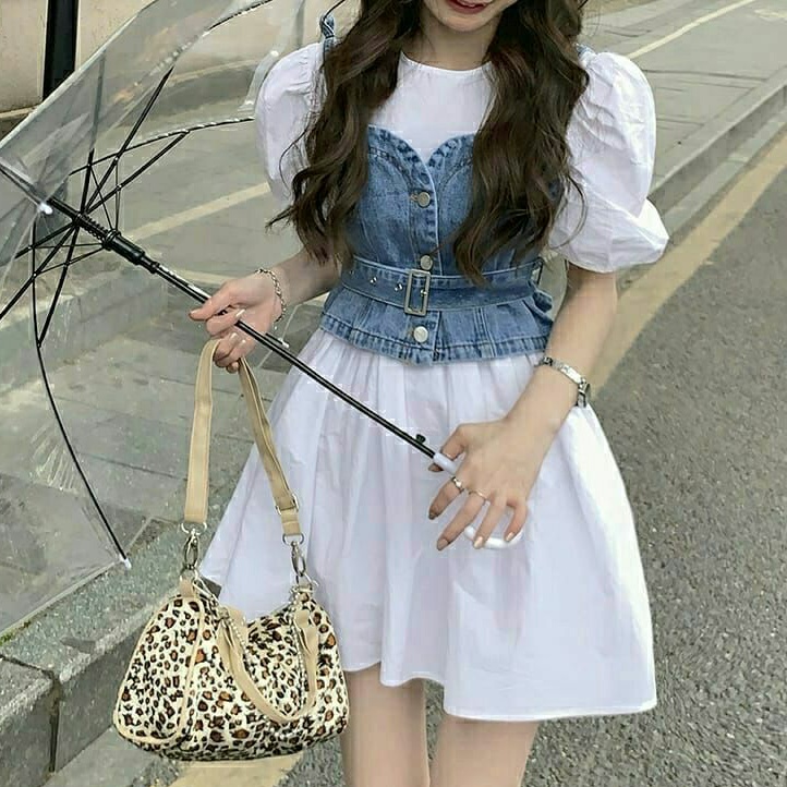 0022 Baju mini dress set vest rompi jeans korean style wanita import baju mini dress pendek putih pi