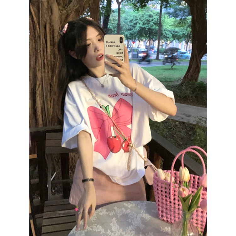 EUNII T-shirt Lengan Pendek Ceri Dasi Kupu-Kupu Pencetakan Longgar Korean Style/Kaos Atasan Wanita/Baju Kaus Oversize Wanita