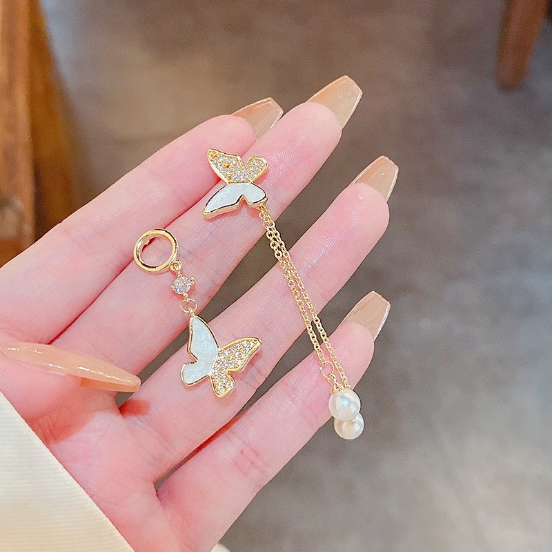 Anting Stud 925 silver needle Bentuk Pita Asimetris Aksen Mutiara