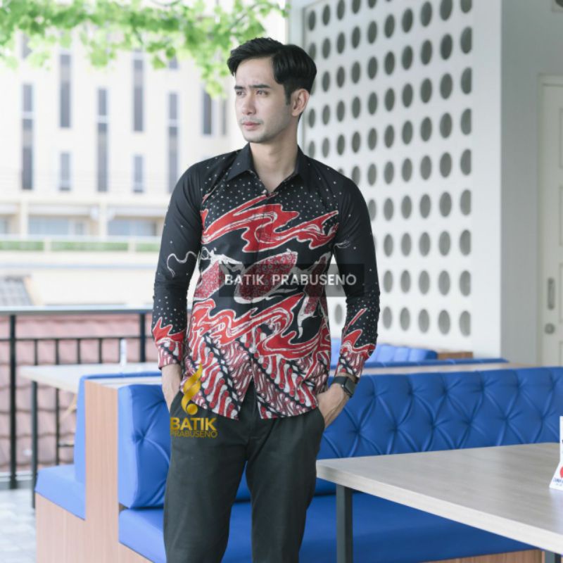 Batik Prabuseno Motif Anggita Hitam Kemeja Pria Lengan Panjang Slimfit Untuk Kerja Kantor Formal Bahan Katun Printing Lapis Furing Adem Halus Nyaman Bisa COD Tersedia Size XXL Jumbo