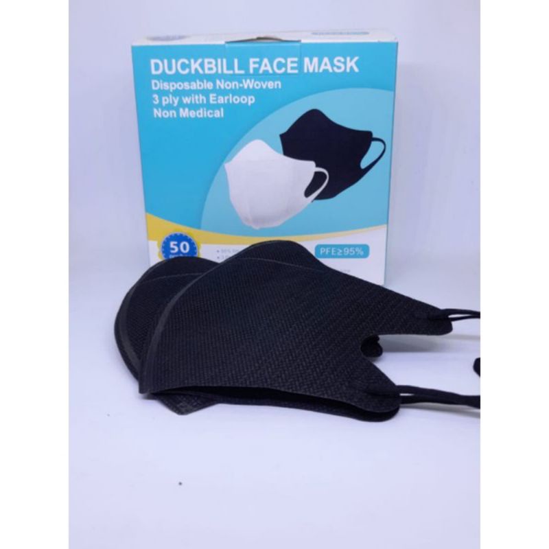(1 BOX)  Masker Duckbill 3ply Dewasa Hitam Dan Putih Face Mask Earloop