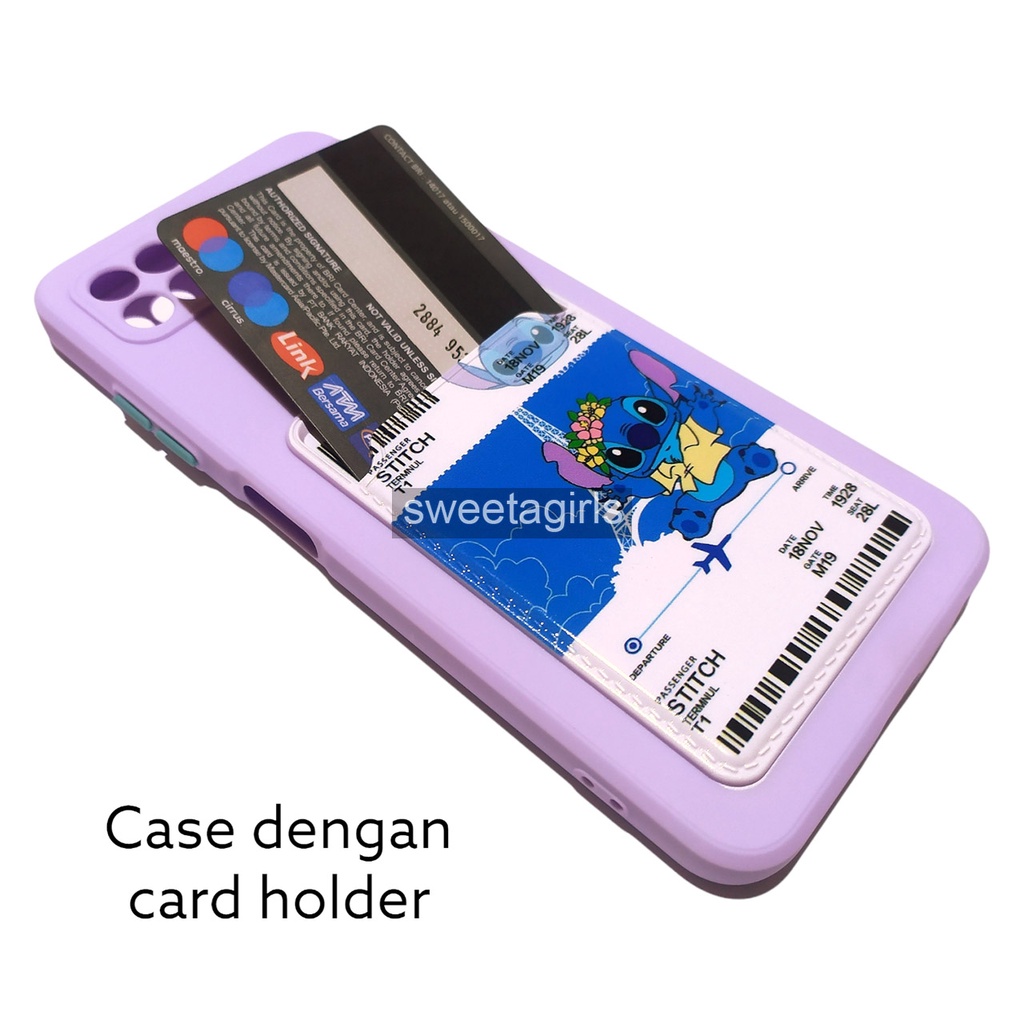 Casing Card Holder Softcase silikon untuk Samsung Galaxy A22 5G - sweetacase.id - Full lens Cover Karakter model Boarding Pass - karakter Doraemon - Stitch - Hello Kitty - Panda - Rabbit