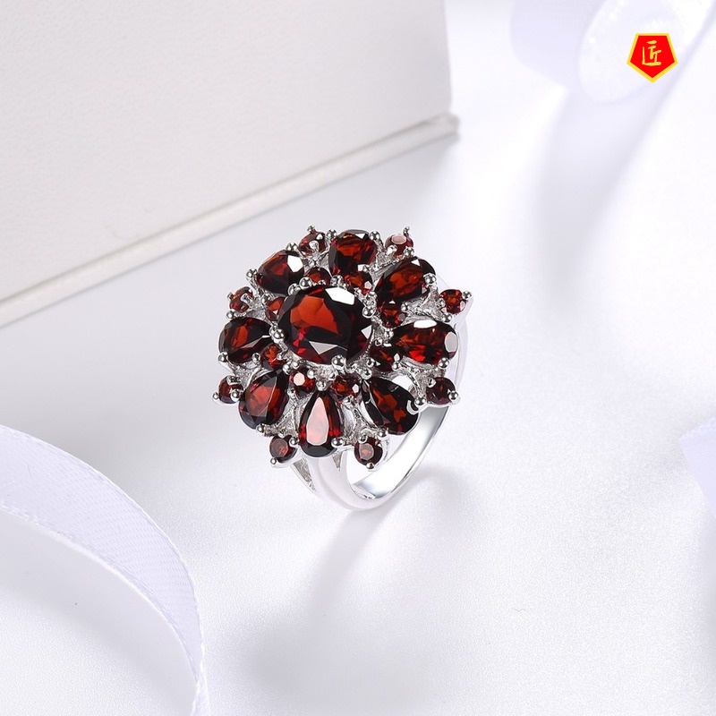 [Ready Stock]Inlaid Pomegranate Ruby Ring Female European and American Full Diamond