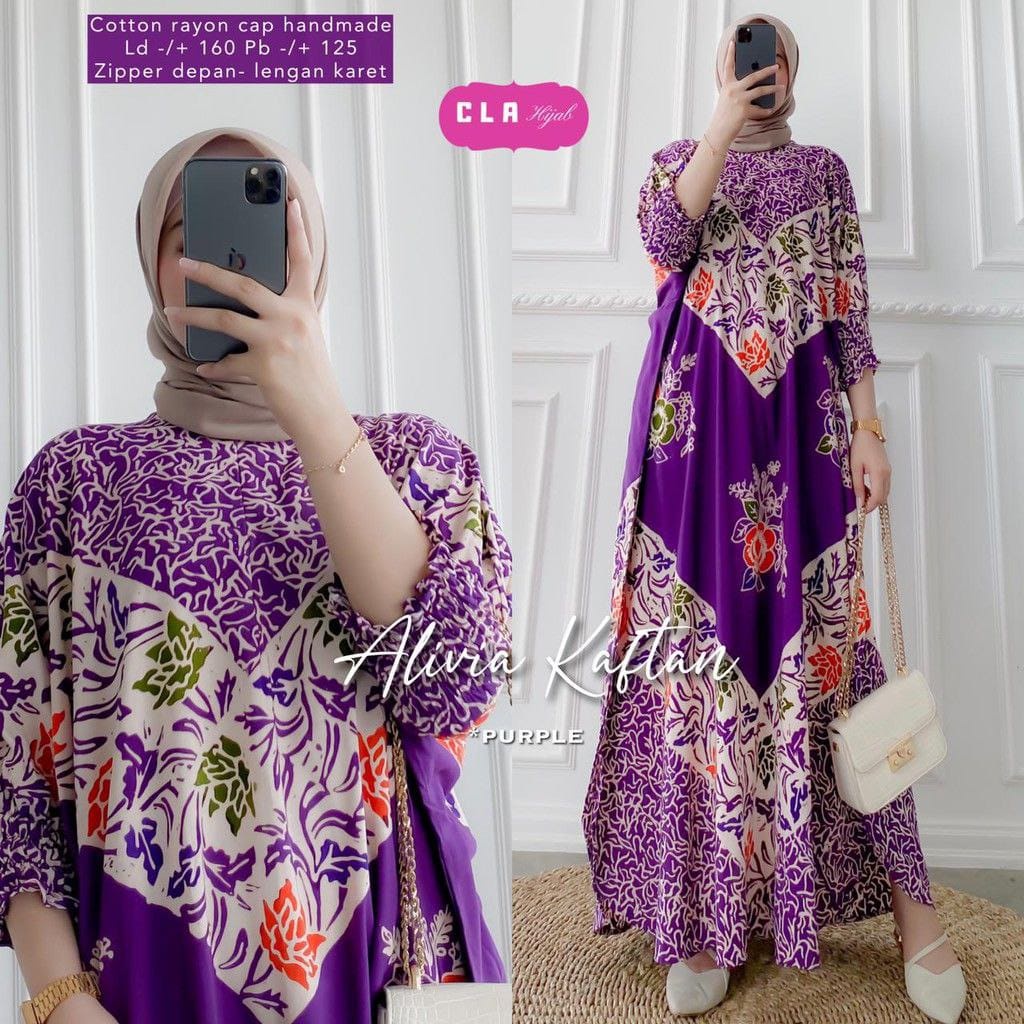 Alivia Kaftan Size Jumbo XXXXL Motif Cap Encim Soft Color by Batik A W Busui Resleting Rayon Tebal / Kaftan Wanita Gamis Rayon