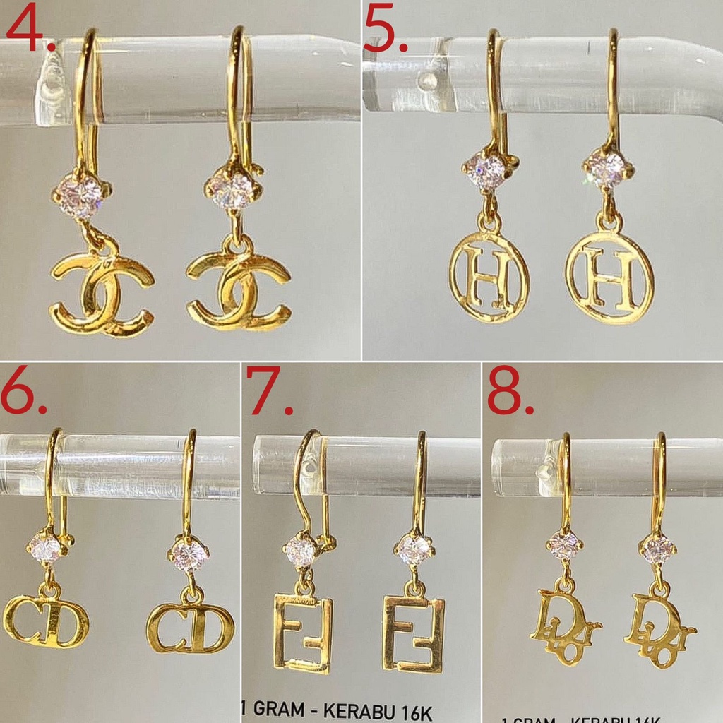 Banyak motif yaa Anting desi anak dan dewasa emas asli kadar 700 70 16k giwang kerabu gantung branded guccii swarovskii LVV diorr fendii chanell H HERME ringan 1 satu gram gr g elegan gold