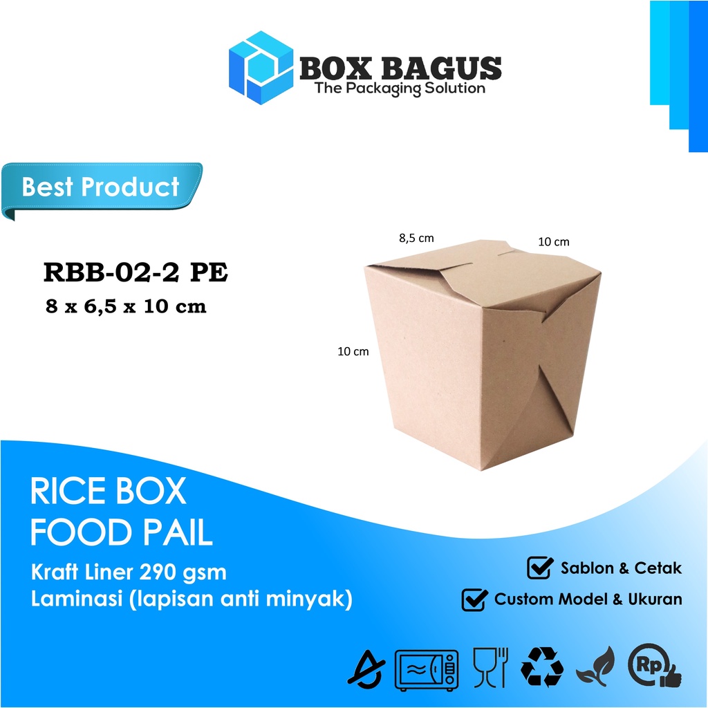 RICE BOX FOOD PAIL DUS KOTAK HAMPERS MAKANAN NASI MIE KUE SNACK 8x6,5x10 cm PAPER KRAFT 290 gsm LAMINASI