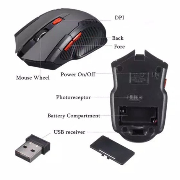 Mouse Wireless Mouse Gaming USB 2.4GHz Optical Mouse - Hitam