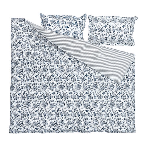 JUNIMAGNOLIA Duvet cover 240x220 cm dan 2 sarung bantal 50x80 cm, putih biru tua