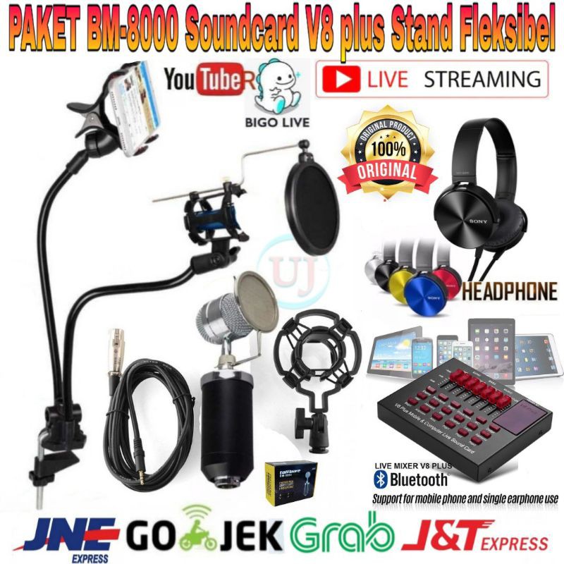 Paket Hemat Microphone BM8000 Soundcard Mixer V8 plus Stand Fleksibel Home Recording Terbaik