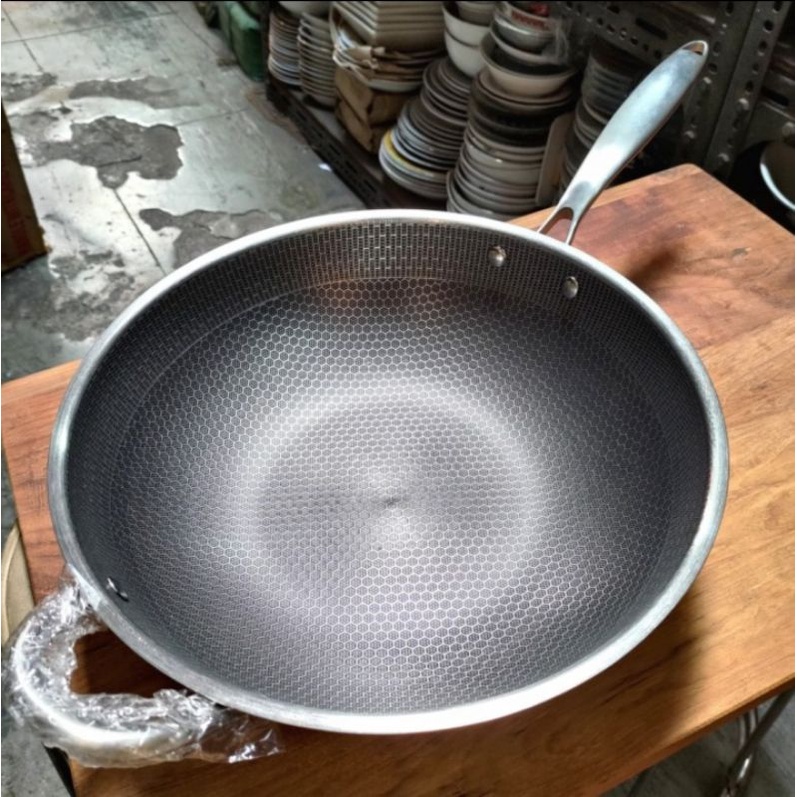 Wok Pan STAINLESS STEEL ANTI LENGKET 34cm Fry Frying Pan Wajan Kuali