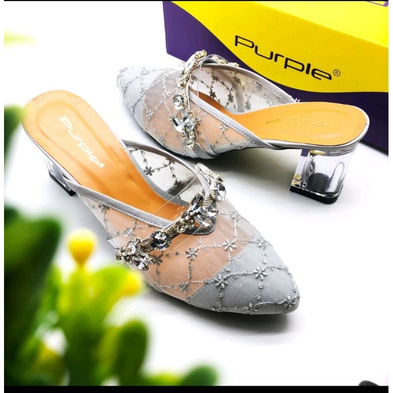 Purple - Sandal Pesta Hak kaca Brukat heels silver