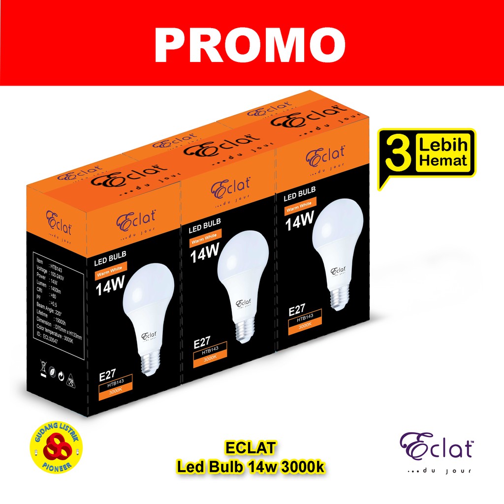 Eclat Lampu LED 14W Kuning Paket PROMO Lebih Hemat 3 Bulb 14 Watt WW