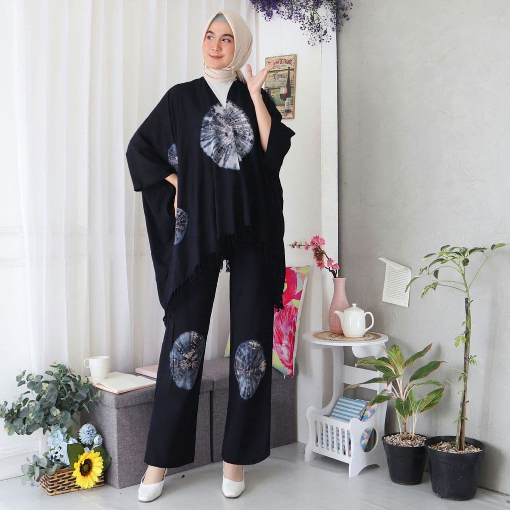 Anora Set - One Set Wanita Jumbo Rayon Premium Setelan Wanita Waka Waka Lengan 7/8 Set Celana Panjang LD 140 cm